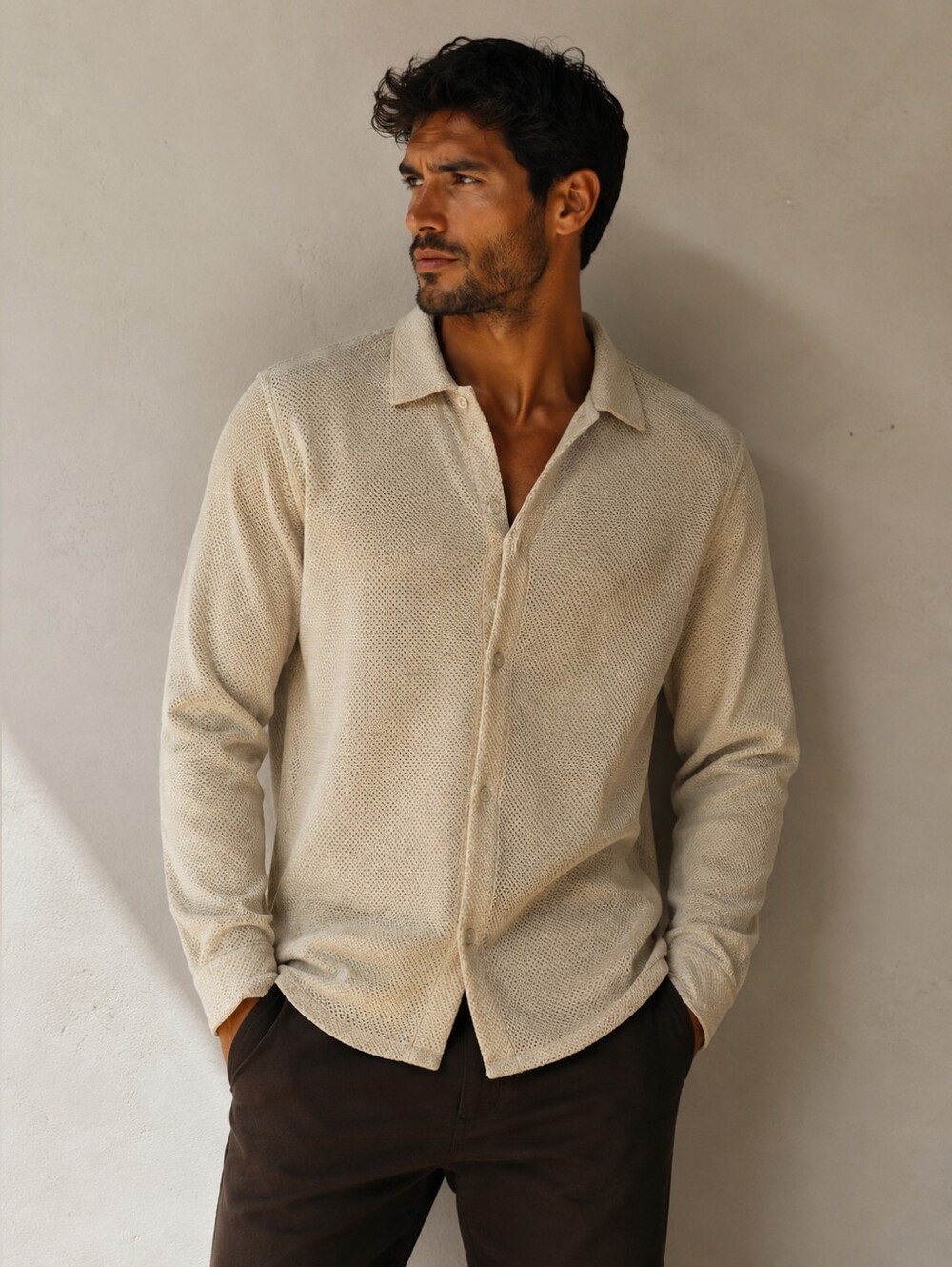 H&M Men’s Cream Textured Knit Button-Up Shirt, NWT
